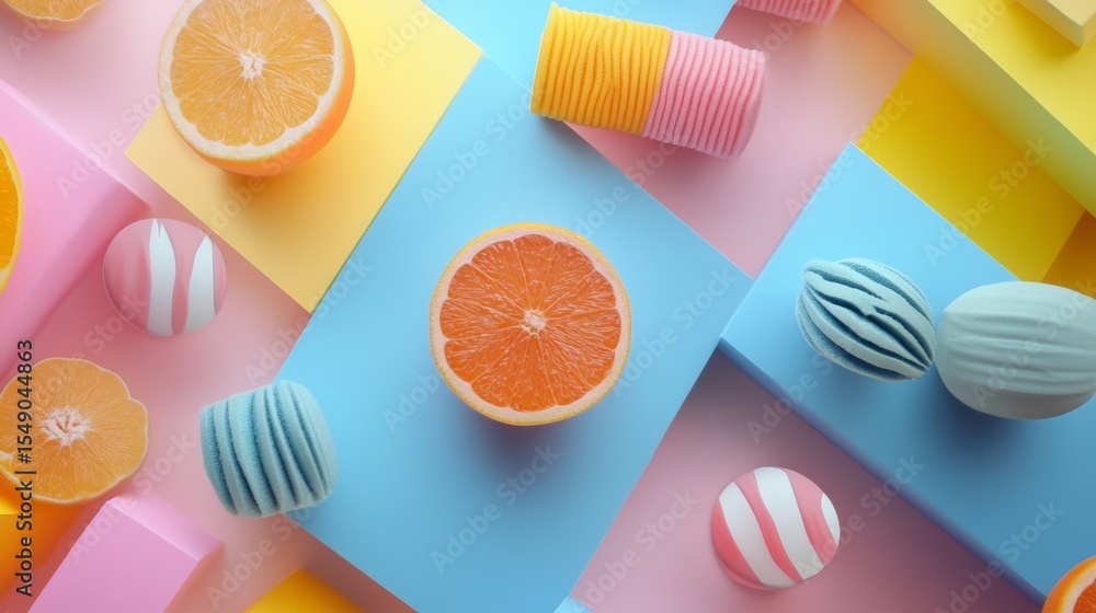 Poster vibrant geometric background with citrus slices and colorful paper objects for summer fresh playful 