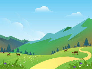 Serene Mountain Valley with Deer and Winding Path