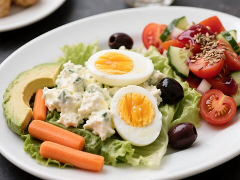Egg salad platter for lunch made with two hard boiled eggs and mayo over a bed of romaine lettuce, baby carrots, avocado, Kalamata olives and tomato and cucumber