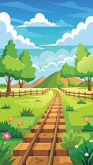 Naklejka premium Cartoon Railway Track Vertical Scenery. Portrait Vector Illustration of a Train Railroad through a Landscape. Cute Journey Wallpaper for Mobile