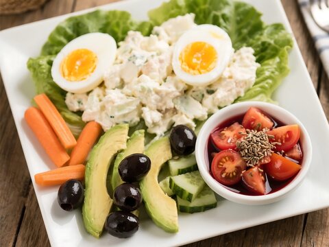 Egg salad platter for lunch made with two hard boiled eggs and mayo over a bed of romaine lettuce, baby carrots, avocado, Kalamata olives and tomato and cucumber