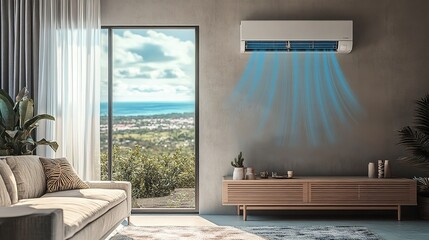 Cooling Appliance Deal CGI Scene: Minimal Home with Thermal Effect View and Modern AC Unit Display
