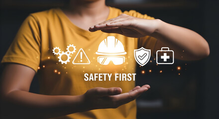 Safety First Concept with Personal Protective Equipment and Warning Icons in Industrial Environment