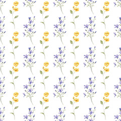 Seamless floral pattern minimalist repeating digital background with watercolor flowers. Fabric wallpaper print texture. Perfectly for backdrop, wrapped paper, linen.