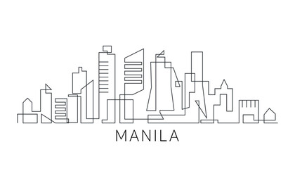 Manila stroke, single art skyline. Continuous urban panorama silhouette outline, vector illustration of Philippines city with buildings, skyscrapers. Thin line icon, logo, card