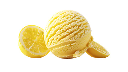Refreshing lemon ice cream scoop with fresh lemon slices, perfect for a zesty summer treat, on a transparent background