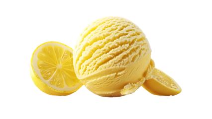 Refreshing lemon ice cream scoop with fresh lemon slices, perfect for a zesty summer treat, on a transparent background