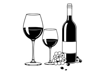 Illustration of a wine bottle and two glasses filled with red wine, accompanied by bunches of grapes and berries.