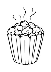 A line art illustration of a popcorn bucket overflowing with popcorn, emitting steam, symbolizing a fresh snack.