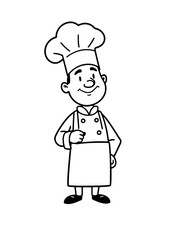 Illustration of a smiling chef in a traditional outfit with a chef's hat, standing with one hand on his hip.