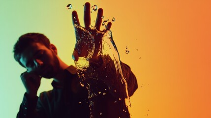 Silhouette of person with splash effect orange background abstract conceptual emotion water dramatic motion idea
