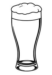 Line art of a tall glass filled with beer, topped with a frothy layer of foam, against a white background.