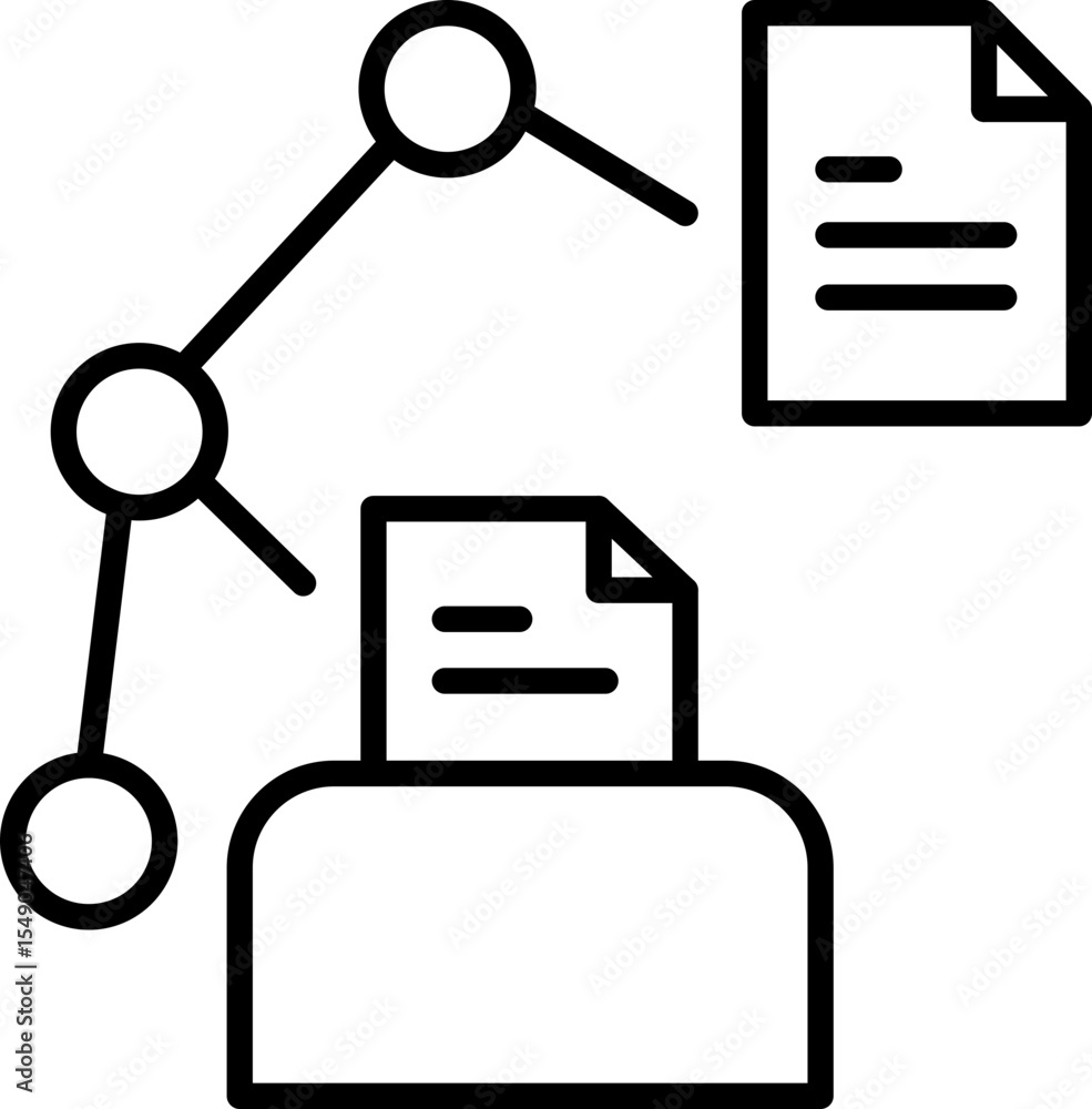 Poster document automation icon with connected nodes, digital workflow, and paper files, representing effic