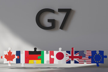 Flags of G7 nations are arranged as puzzle pieces, symbolizing unity and collaboration. The display emphasizes global partnerships and diplomatic relationships among major economies. 3D.