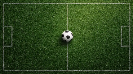 Classic soccer ball placed in the center of a lush green playing field, marking the beginning of a match and symbolizing competition, strategy, and athleticism