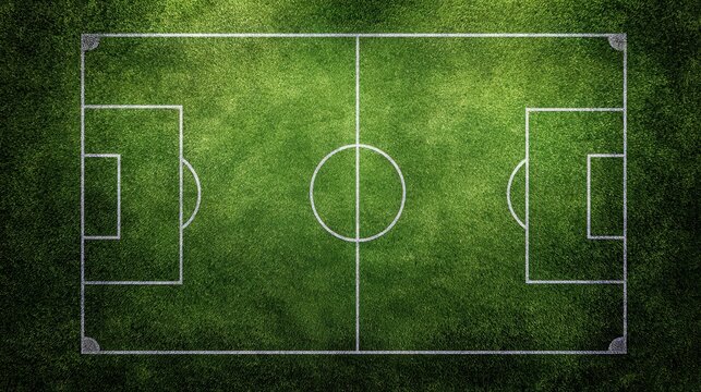 Aerial shot revealing verdant soccer pitch with crisp white markings defining center circle, penalty zones, goal regions, and boundary lines, prepared for competitive play