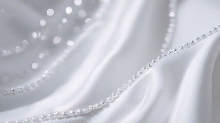 Delicate white pearl necklace resting softly on pristine silk, embodying classic sophistication and understated luxury