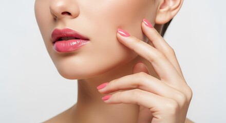 Obraz premium Close-up of Woman's Face with Pink Lips and Nails, Beauty Portrait: Skincare and Makeup Concept