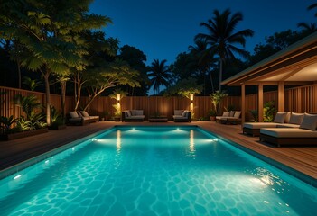 luxurious outdoor swimming pool area with comfortable seating surrounded by tropical trees at night