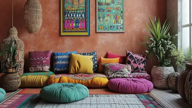 Colorful bohemian seating area with patterned cushions and textiles