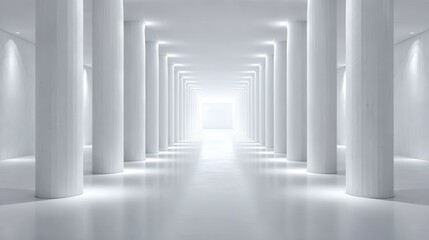 White columns lining polished corridor, spotlights casting dramatic shadows, rendering sleek architectural interior with minimalist geometric perspective