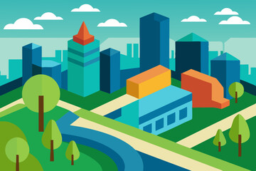Isometric cityscape illustration with parks and buildings