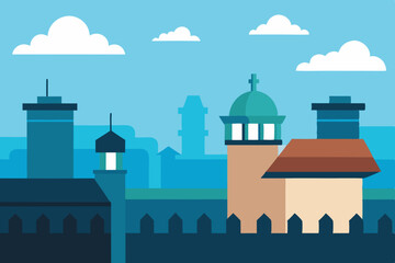 Flat design cityscape illustration with buildings and fence
