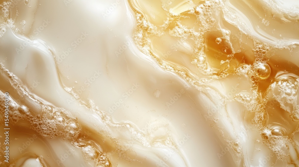 Poster the image captures an abstract representation of cream and caramel fluid swirling together, creating