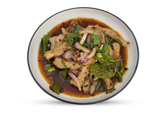 Traditional Thai spicy pork salad (Nam Tok Moo) served in a white bowl with herbs, red onion, and chili-lime dressing