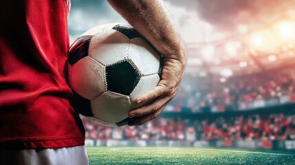 Professional soccer player in red white uniform gripping soccer ball, standing on field surrounded by cheering crowd before kickoff