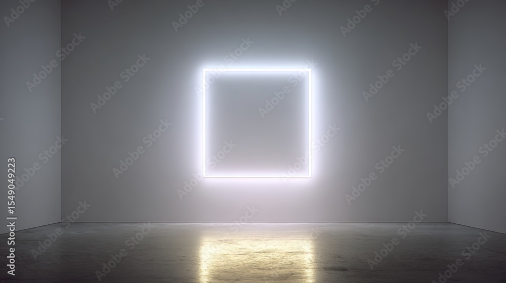 Poster minimalist empty room with concrete floor and white walls illuminated by a glowing white neon square