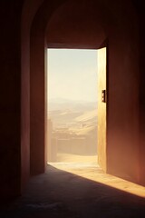 Obraz premium A desert landscape seen through an arched doorway.