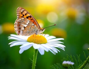 Obraz premium Beautiful butterfly on a daisy flower in nature outdoors close up macro in spring or summer..jpg