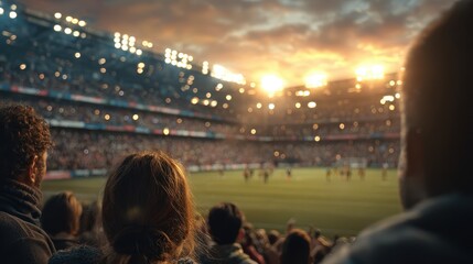 Soccer fans cheering wildly during sunset match, packed stadium radiating intense excitement with colorful crowd energy and passionate support