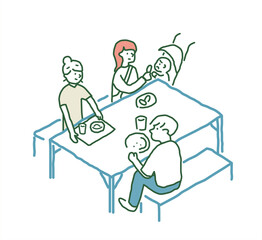 一つのテーブルで食事をする人々　 手描きアイソメトリックイラスト