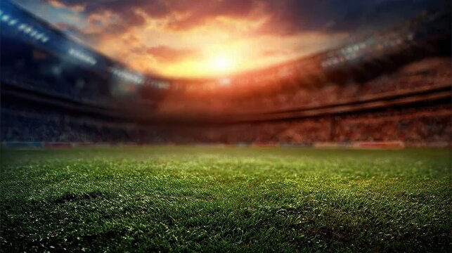 Soccer field glowing with golden sunlight, packed stadium surrounding verdant playing surface, capturing electric pre match anticipation