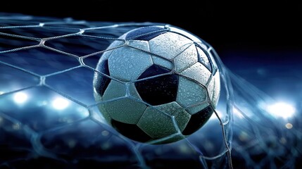 Soccer ball hitting soccer net after scoring goal during nighttime match, stadium lights revealing passionate crowd excitement and dramatic sporting moment