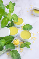 homemade fresh mint balm salve in reusable white tin with fresh mint leaves on white marble...