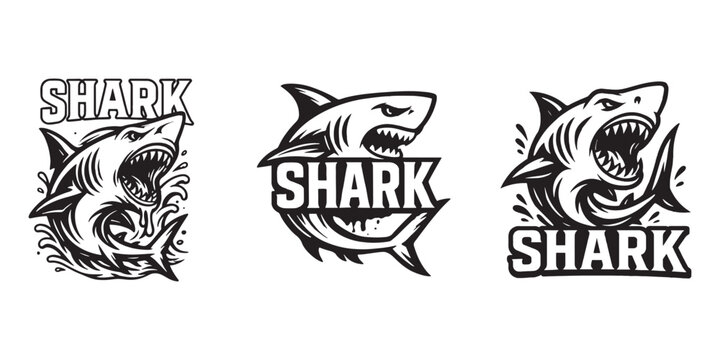 Stylized black and white shark art for t-shirt print, logos, and esports branding with text SHARK