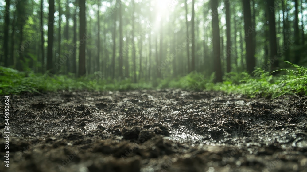 Poster a tranquil forest scene depicts a muddy path surrounded by lush greenery, with soft sunlight filteri