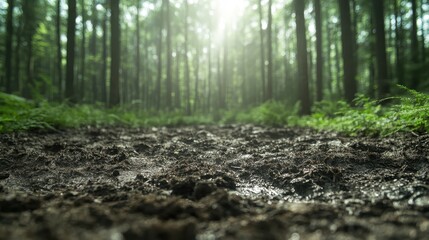 A tranquil forest scene depicts a muddy path surrounded by lush greenery, with soft sunlight filtering through the trees, creating a peaceful and calming atmosphere.
