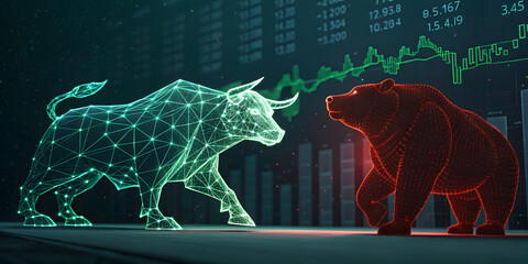 Bull vs bear market trends stock exchange financial graphic digital environment close-up view investment insight