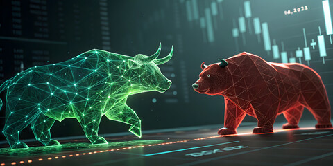 Bull vs bear market analysis financial trading digital finance virtual environment close-up market dynamics
