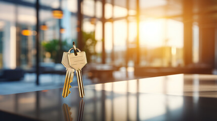 Keys in new apartment against the background of sunset and large windows. Mortgage, home loan, investment, rent, real estate, property concept