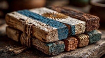 A wooden coaster with a burnt-in Argentine flag pattern, rustic charm, soft focus