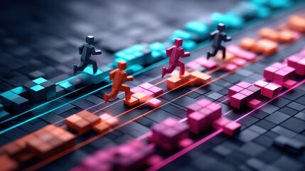 Competitive risk drives business. 
Digital 3D figures running on colored lines and blocks symbolizing competition, progress, and race in a technological or business environment.