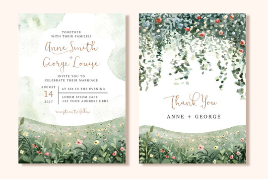 wedding invitation card with floral garden watercolor landscape - Powered by Adobe