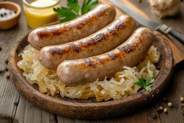 Grilled bratwurst served with crispy sauerkraut and mustard in a rustic setting