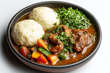 Delicious fufu and pondu platter served with tender stew and vibrant vegetables on a white background
