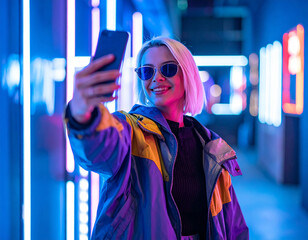 Gen Z Selfie in Neon Room